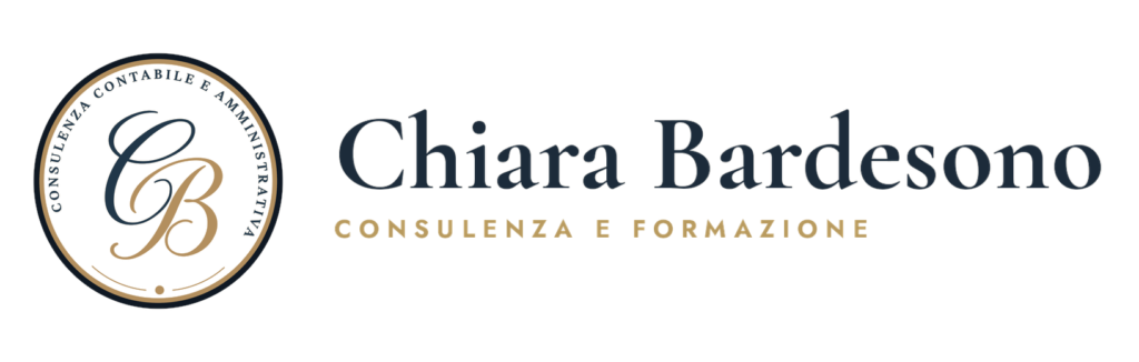 Logo per Chiara Bardesono, caratterizzato dalle iniziali "CB" in una scrittura elegante all'interno di uno stemma circolare. Il testo circostante recita "Consulenza Contabile e Amministrativa". A destra il nome "Chiara Bardesono" è scritto in grassetto, sotto "Consulenza e Formazione" in caratteri dorati più piccoli. Il design utilizza una sofisticata tavolozza di colori blu navy e oro.